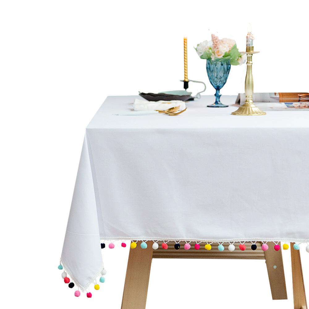 Nordic Tablecloth Solid Color Color Ball Table Cover Cotton And Linen Tablecloth Christmas Party Decoration Fabric White