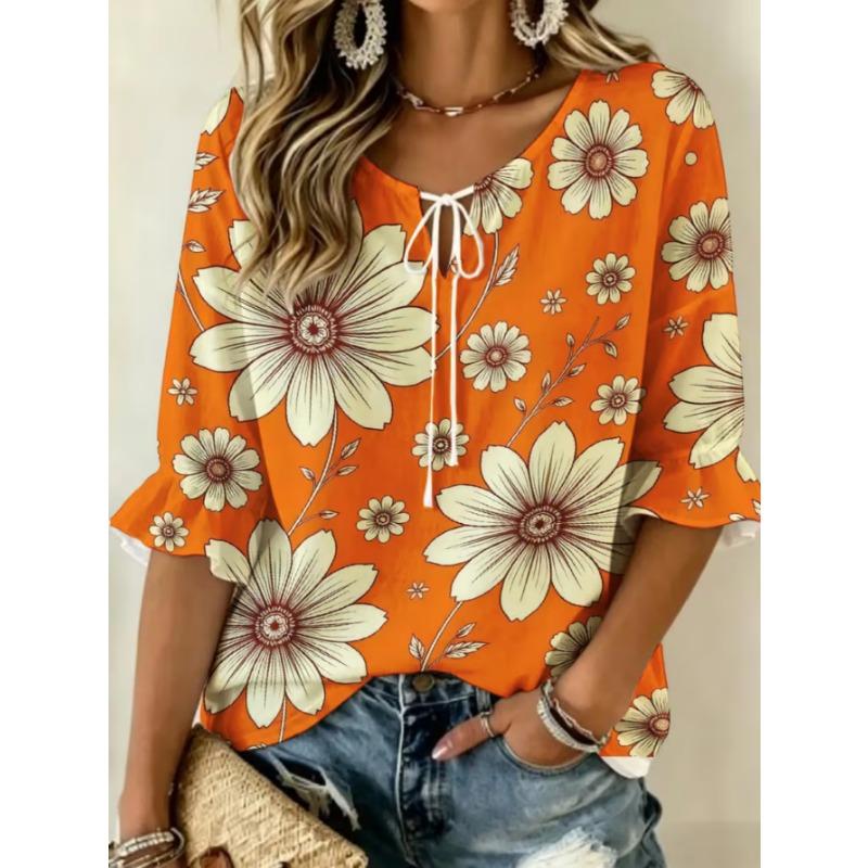 Women's elegant printed lace-up flared top, stylish and versatile, comfortable and skin-friendly