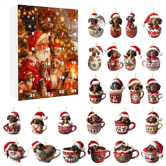 2025 Dackel in Tasse Adventskalender 24-Tage Weihnachts-Countdown-Box mit Acryl-Ornamenten Süßes Geschenk für Hundeliebhaber