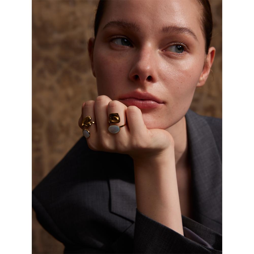 Yhpup Fashion Natural Shell Heart Love Square Adjustable Opening Ring Stainless Steel 18K Gold Color Stylish Chic Finger Jewelry
