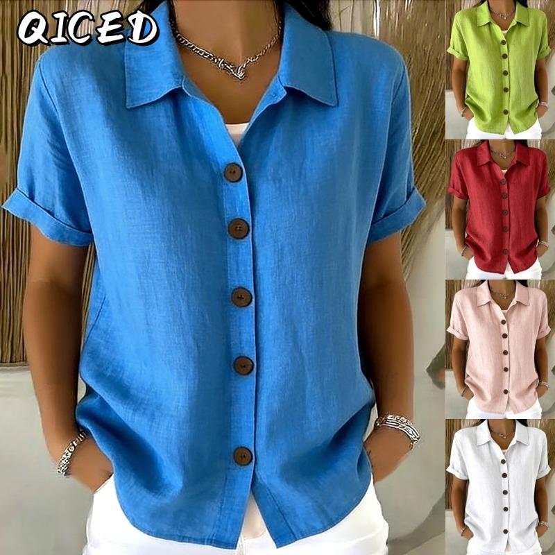QICED Women's Fashion Casual Solid Color Print Short Sleeve POLO Neck Blouses & Shirts