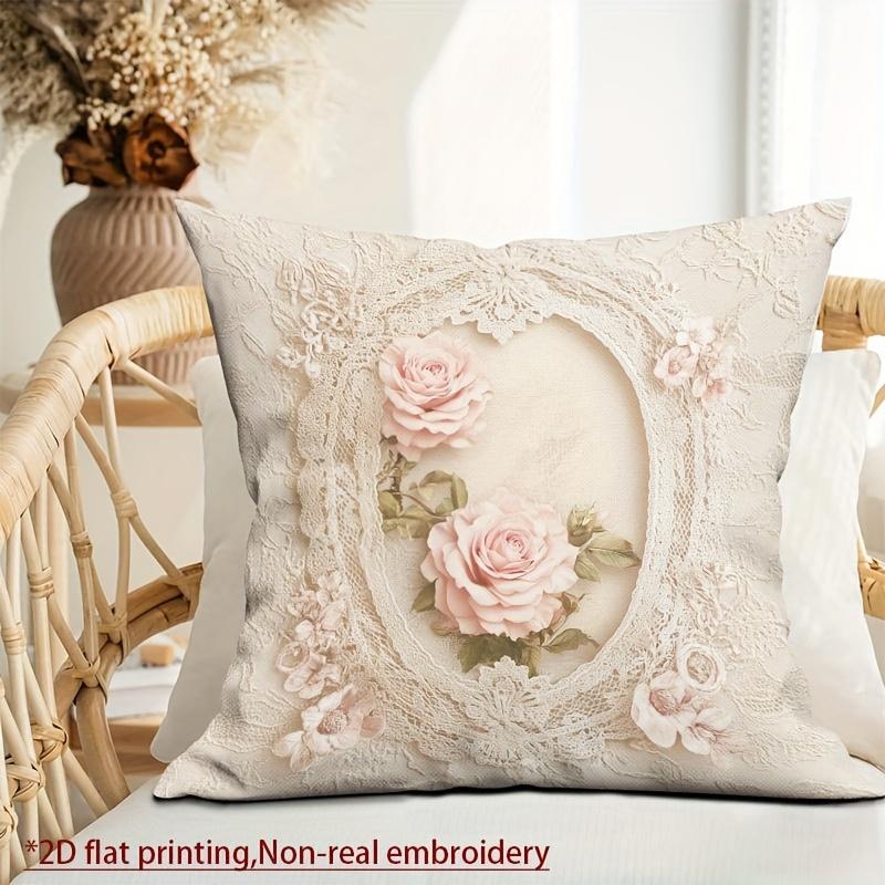Vintage Rosen Spitzen Kissenbezug 2D Faux Stickerei Druck Shabby Chic Blumiges Kissenbezug für Sofa Bett Couch Französisches Landhaus