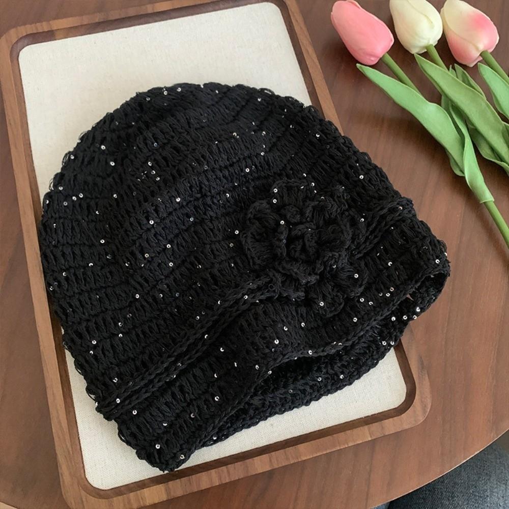 Y2k Flower Knitted Caps Hand-woven Beanies Cap Casual Sequin Crochet Hat  Spring Summer