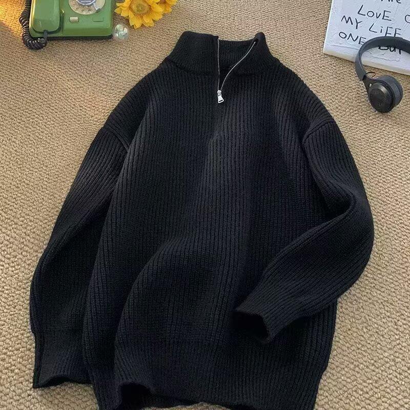 Autumn Winter Fashion Long Sleeve Stand Up Collar with Half Zipper Sweaters Men's Clothing Casual All-match Knitting Tops