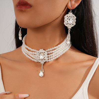 Two-piece Set of Imitation Pearl Beads Geometric Water Droplets Multi-layer Neck Chain Temperament Elegant Necklace