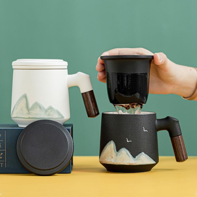 400ml Yuanshan Ceramic Mug with Lid Filter Wooden Handle Office Coffee Cup