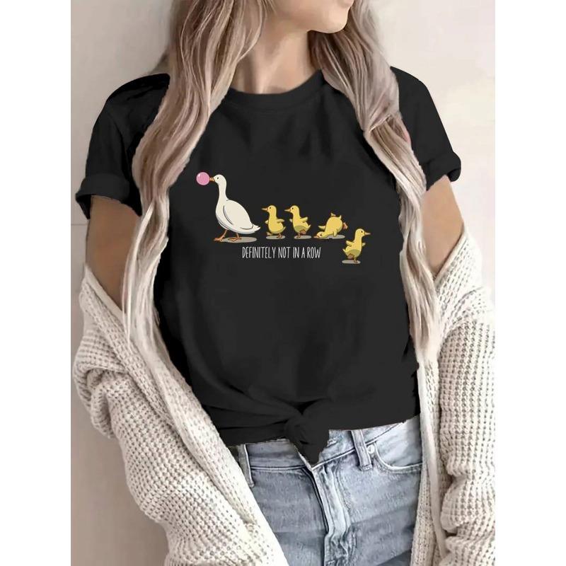 

Plus Size Women s Cute Duck Print Tee Short Sleeve Round Neck Casual Spring Summer Fall Top S чёрный