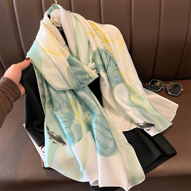 New Summer Lotus Long Silk Scarf Shawl for Women Sunscreen Print Veil Scarf  Long Scarf