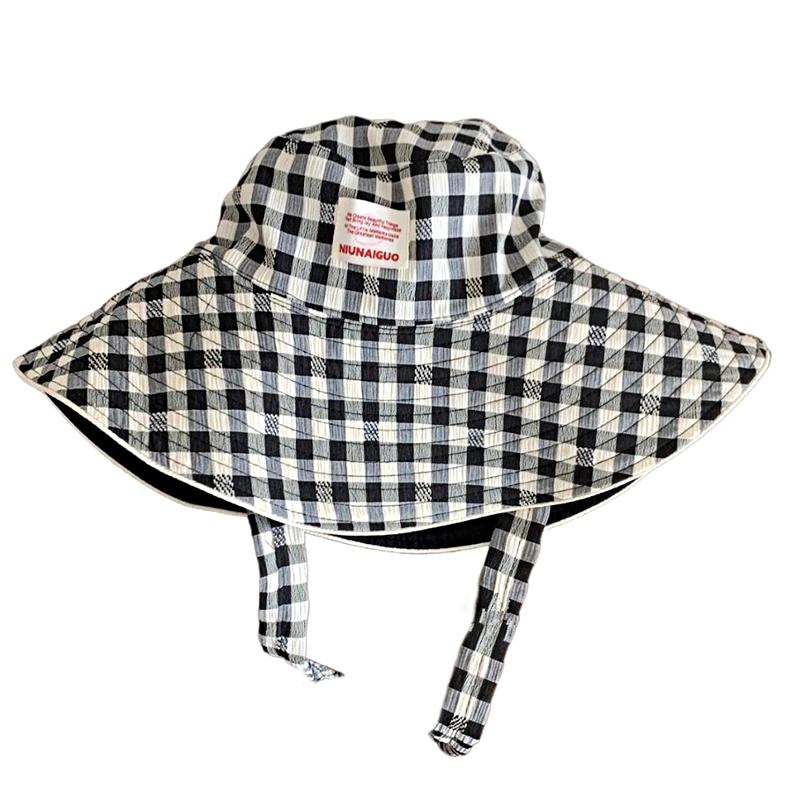 Women Sun Hat Sweet Plaid Wide Edge Fisherman Hat Outdoor Sun Protection Hat Travel Lace Up Hiking Large Brim Beach 5 Colors