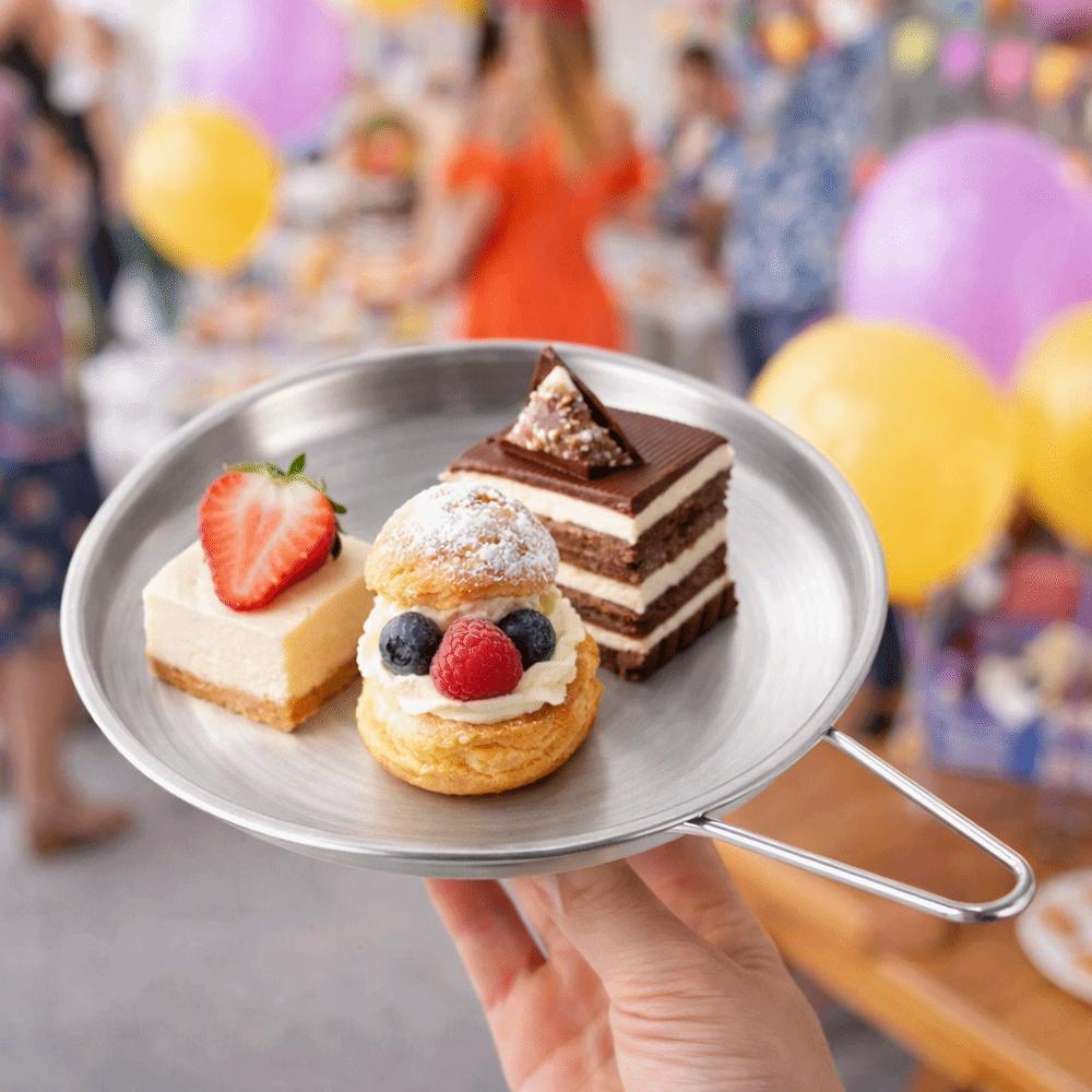 with Handle Stainless Steel Plates Round Serving Plate Tableware Barbecue Dish Outdoor Dining