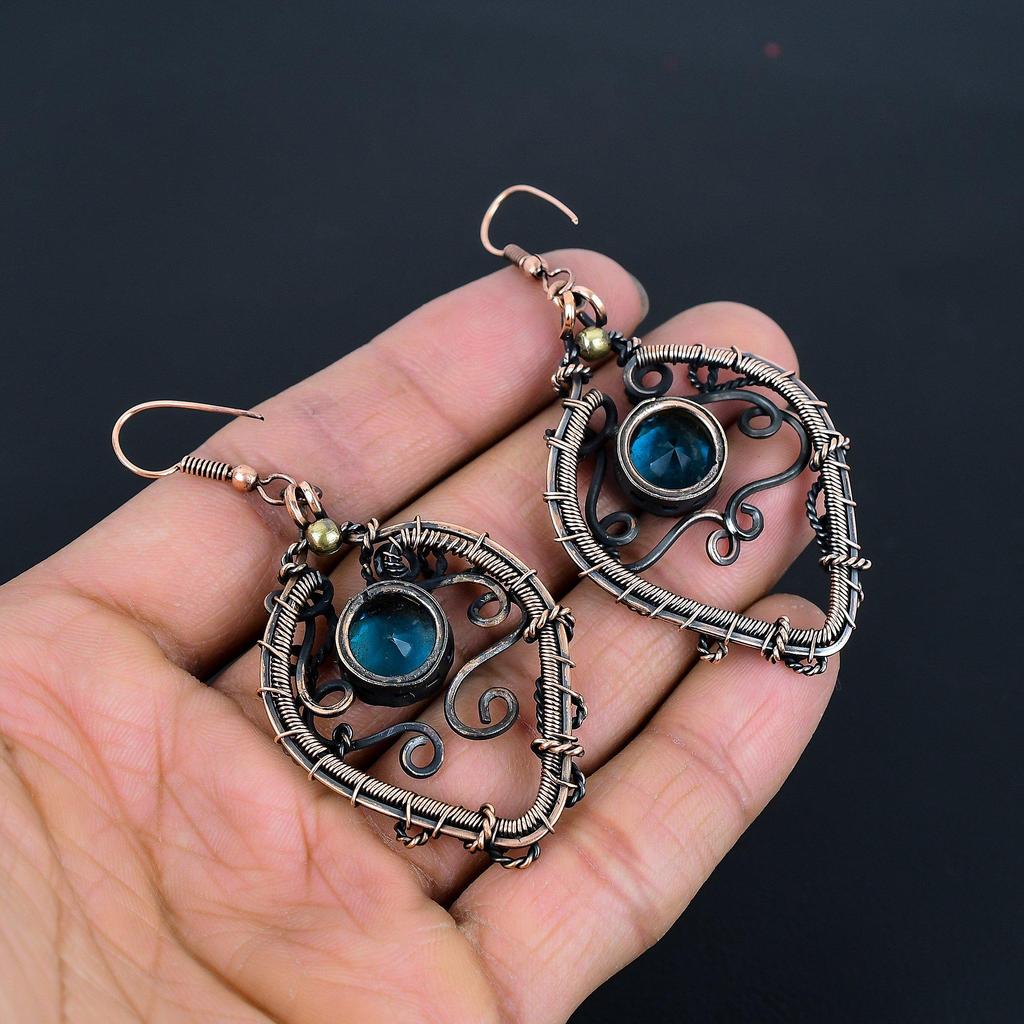 Blue Topaz Earrings, 999 Copper Wire Wrapped Gemstone Jewelry, Handmade Earrings, For Thanksgiving