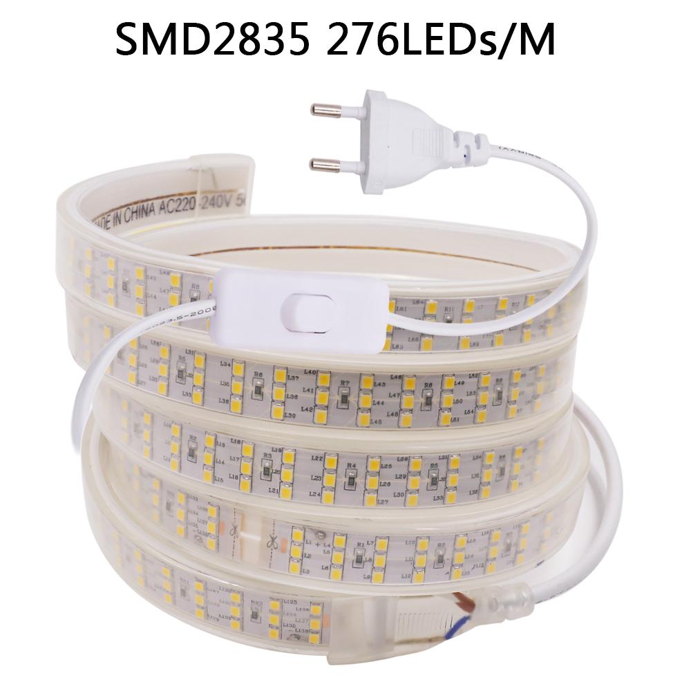 Waterproof 220V LED Strip Light with Switch Plug SMD5730 2835 5050 Super Bright Led Tape 276/240Leds/m Flexible Outdoor Lighting