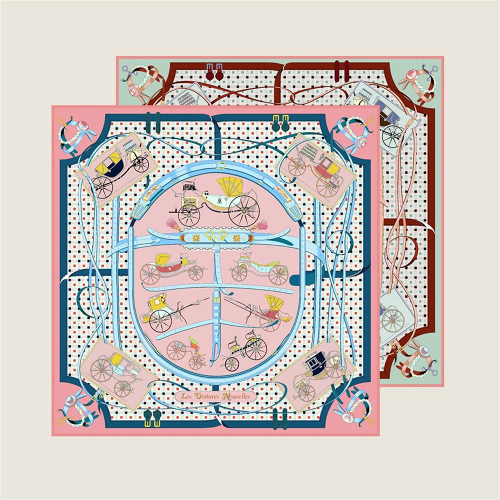 POBING Hand Rolled Twill Silk Scarf Women Horse Carriage Double Print Square Scarves Wraps Echarpes Foulards Femme Hijab 90CM