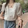 New Arrivals Open Run Women White Lace Short Sleeve Blouse Square Neck
