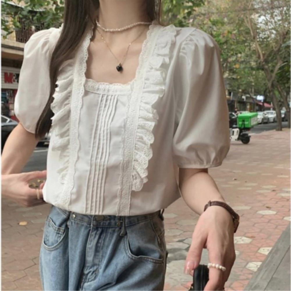 New Arrivals Open Run Women White Lace Short Sleeve Blouse Square Neck
