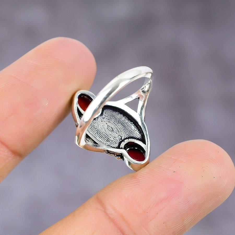 Italian Red Coral Handmade 925 Sterling Silver Jewelry Ring Size 9 w1T23