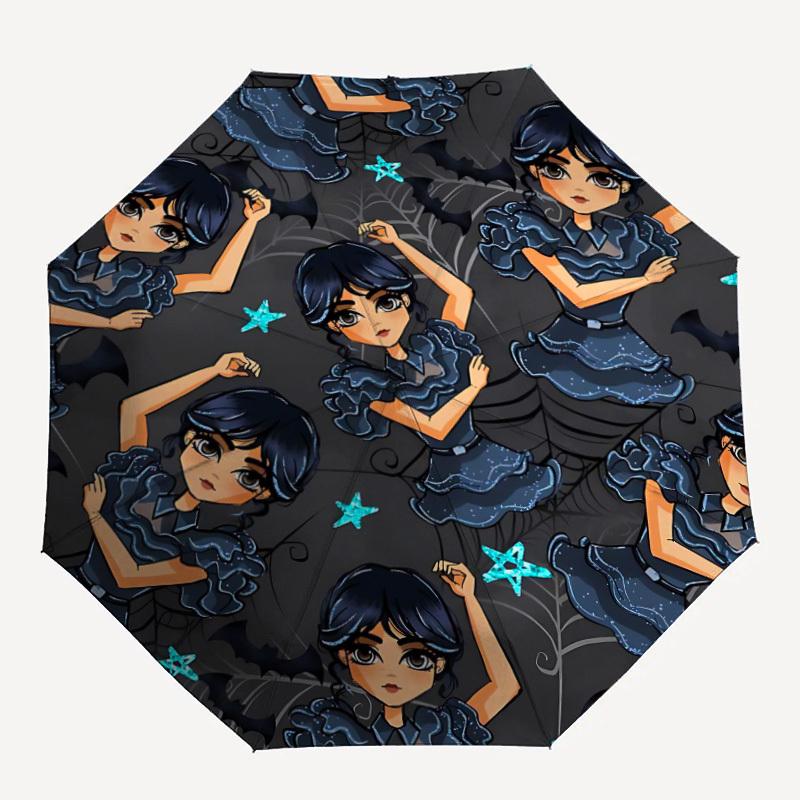 

1pc Wednesday Addams Gothic Horror Automatic Folding Umbrella, Durable Plastic & Iron, Lightweight for Outdoor Daily Use 016
