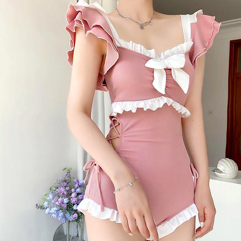 

1 шт., цельный купальник бикини с горячими источниками, корейский купальник с оборками в стиле пэчворк, пляжный дизайн для девочек