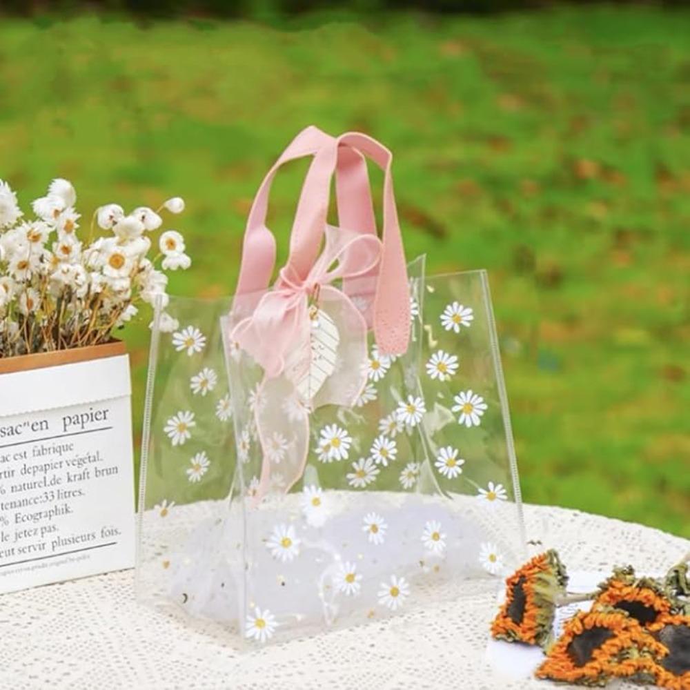 2Pcs Plastic Waterproof Gift Bag Clear Gift Wrap Bag with Handles 18x20x10cm for Party Reusable Transparent PVC Shopping Tote Bag for Package Candy