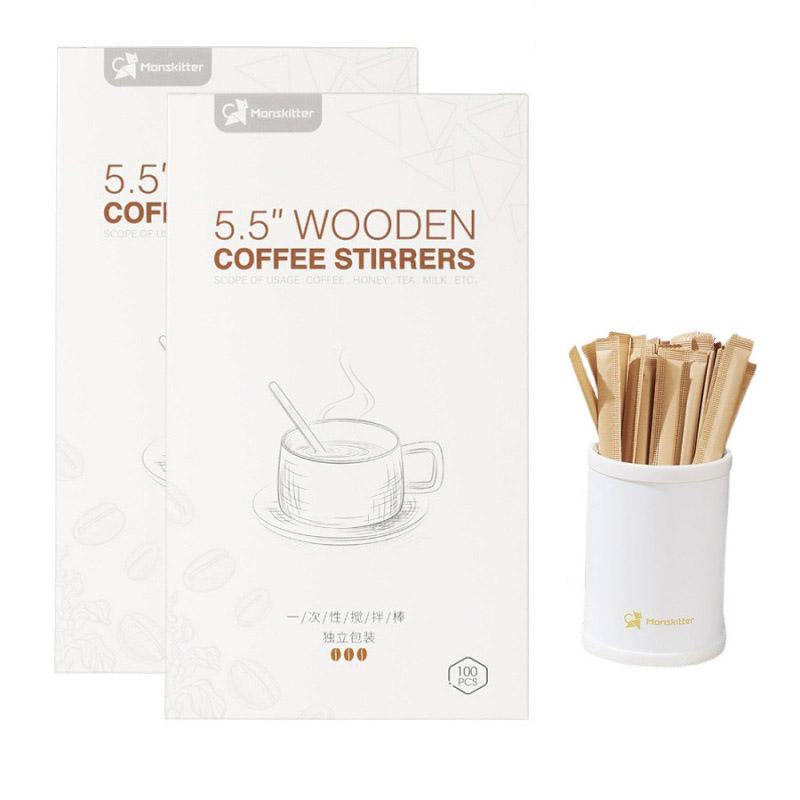 6" Round Head Swizzle Sticks Hygiene Used Once And Individually Wrapped Natural Birch Wood Coffee Stirrer 100PCS