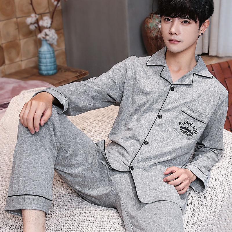 Pijama de Algodão Masculina de Primavera e Verão Calças de Manga Comprida Fato de Pijama para Meninos Fato Casual Homewear para Adolescentes