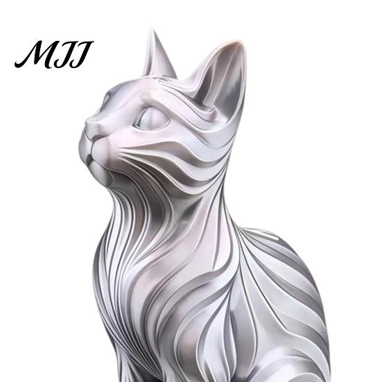 Bay Window Cat Statue 3D Printed with Wavy Fur, Modern Sitting Figurine for Showcase Decor Bookshelf Decor, Minimalist Art Sculpture Home Office, Gift