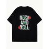Übergroßes T-Shirt Schwarz Rock and Roll Rosenaufdruck Lässig Streetwear für Damen