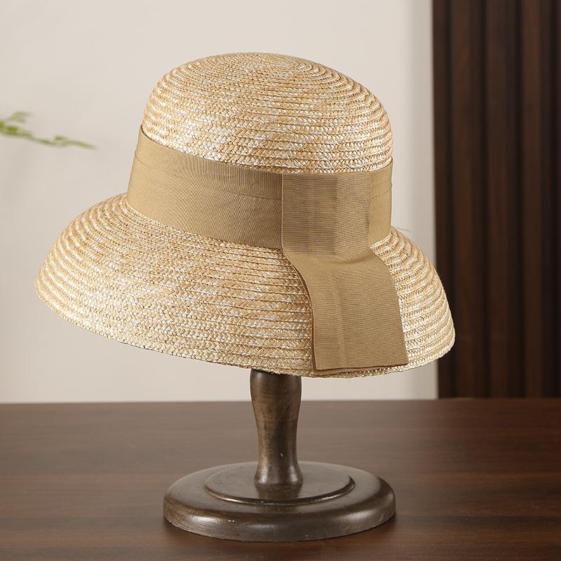USPOP Women Wheat Straw Cloche Hat Summer Sun Hat with Ribbon Elegant Beach Vacation Straw Hat 55-57cm хаки