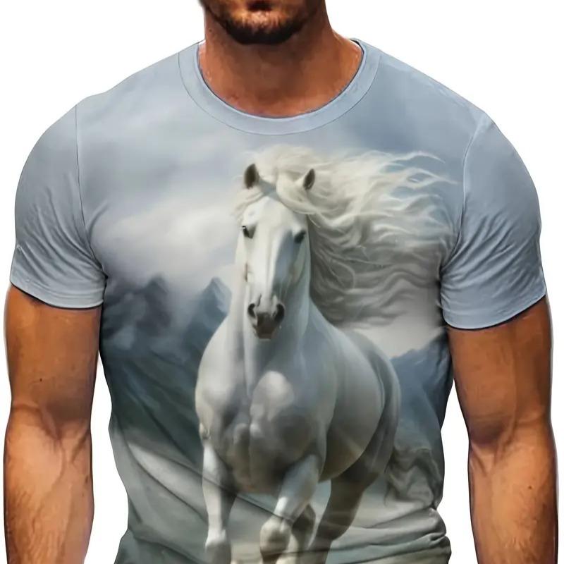 Men's 3D Printed White Horse Pattern T-shirt Humorous Digital Printed Short Sleeved T-shirt Breathable Polyester Round Neck Casual
