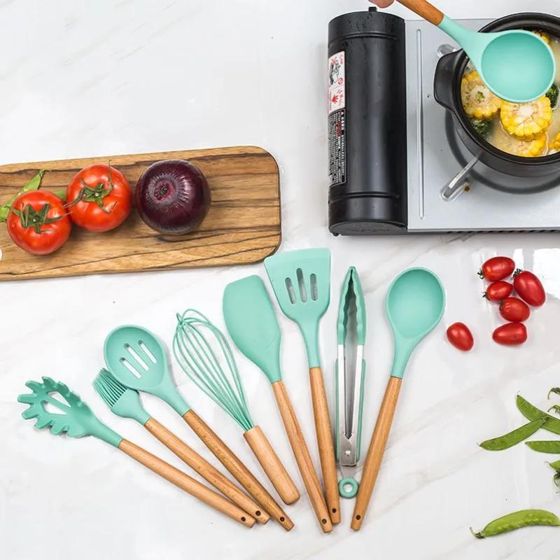 11pcs Wooden Handle Silicon Utensil Kitchen Tools Cookware Spatula Soup Spoon Brush Ladle Pasta Colander Non-stick Kitchenware