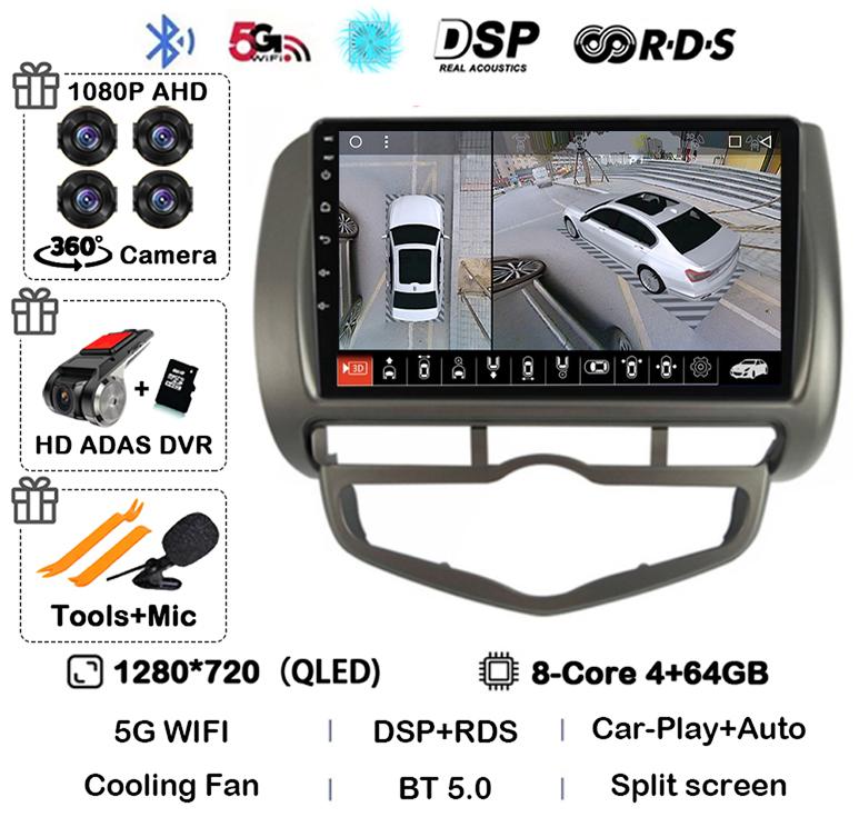 Android 14 Auto Carplay WIFI+4G For HONDA JAZZ City 2002 - 2007 HD 2 Din Car Radio Multimedia Video Player Stereo GPS 360 Camera