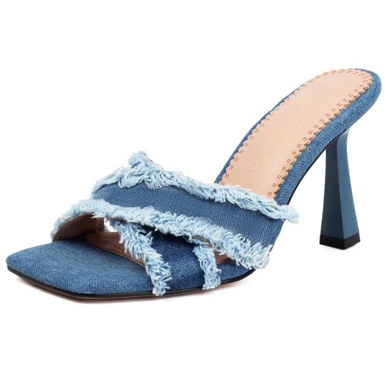 

Туфли на высоком каблуке Женские шлепанцы Летняя обувь 2024 Розовые Голубые Вьетнамки Джинсовые сандалии Уличная Джинсовая обувь для вечеринок Обувь Большого размера 39 синий