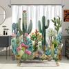 Desert Garden Shower Curtain - Succulents, Cacti, Pink Flowers, Polyester, 12 Hooks, Nature-Inspired Design