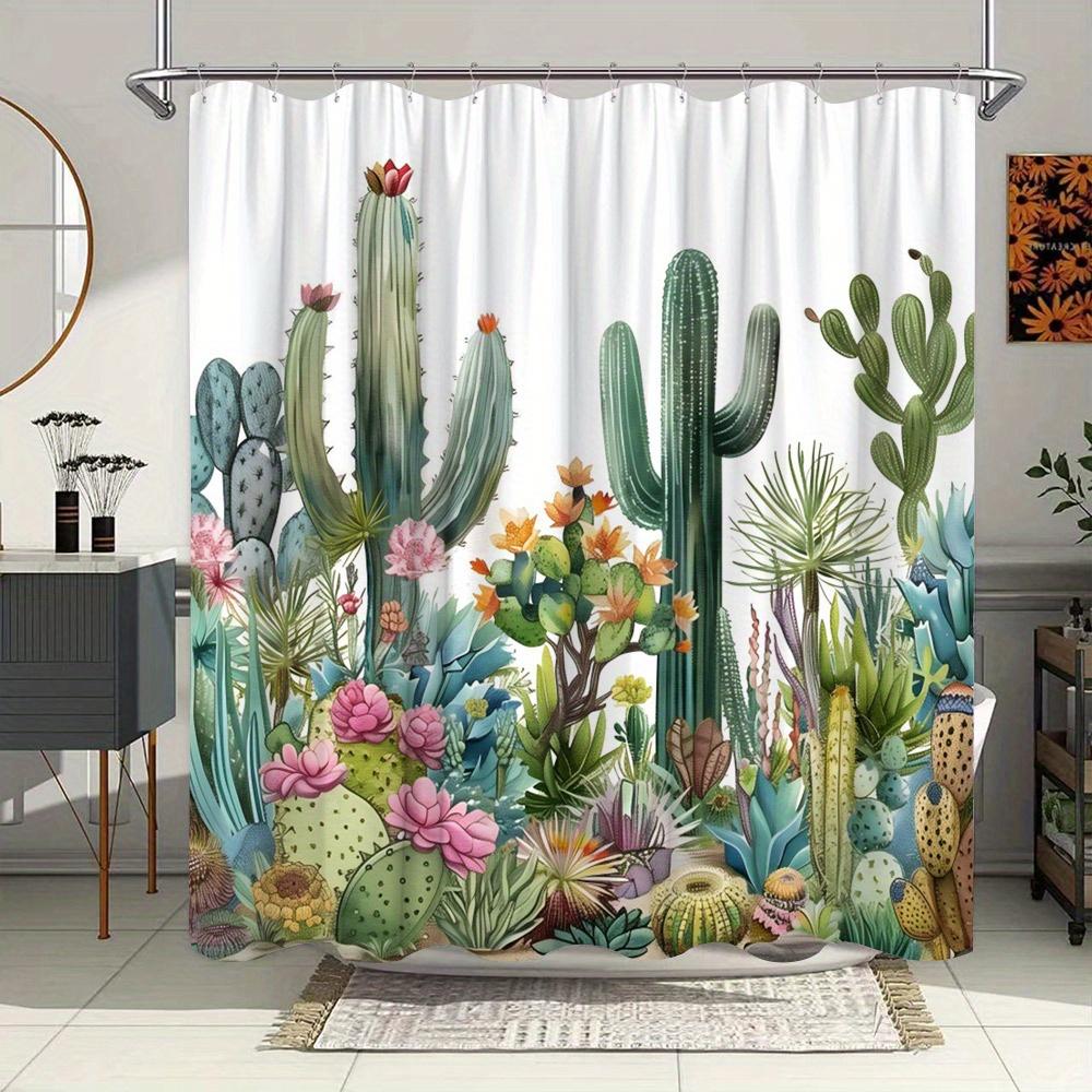 Desert Garden Shower Curtain - Succulents, Cacti, Pink Flowers, Polyester, 12 Hooks, Nature-Inspired Design