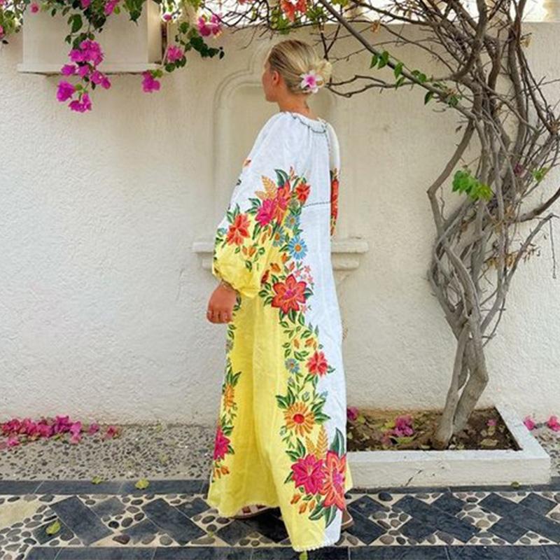 Print Linen Dress Plus Size Women Elegant Loose Lace Up V Neck Vintage Oil Painting Dress Summer Long Sleeves New Fashion High Waist Pastoral Style