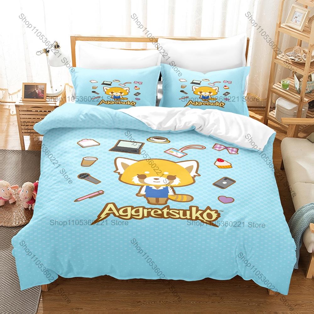Personality Aggretsuko Anime Bedding Set New Soft Duvet Cover Pillowcases Cute Red Panda Print Bed Set for Kids Adults Bedroom D