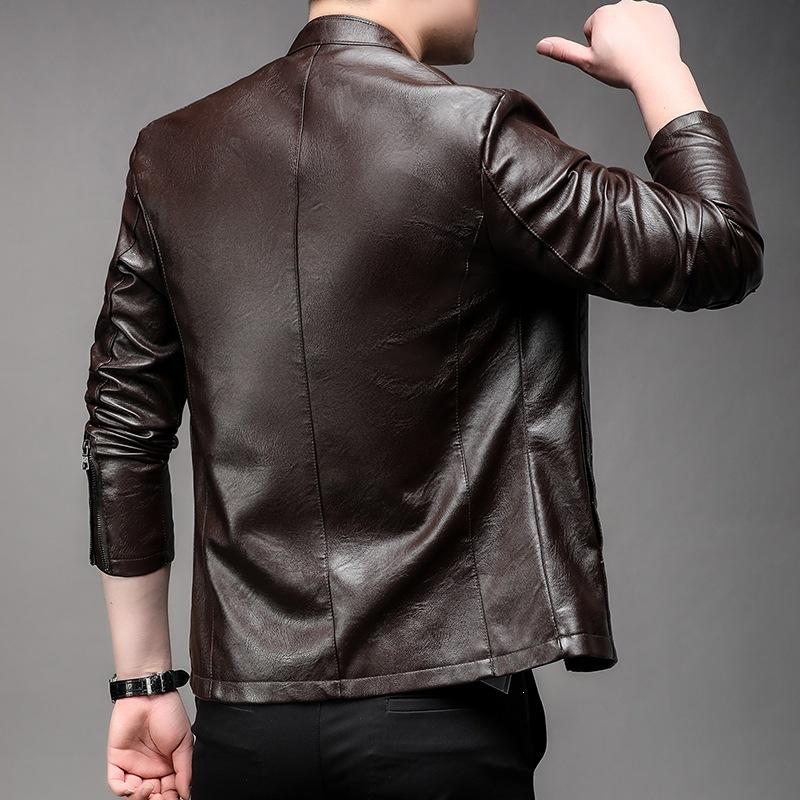 Men's locomotive PU leather jacket men's leather jacket spring new thin coat solid color stand-up collar slim leather jacket men