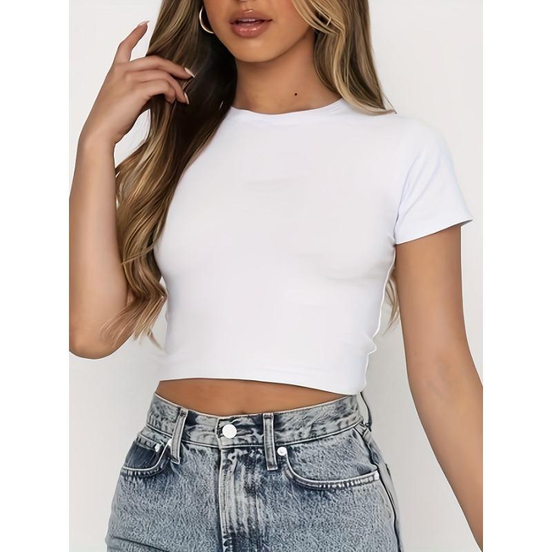 Women's Black Solid Color Round Neck Short Sleeve Slim Fit Crop Top