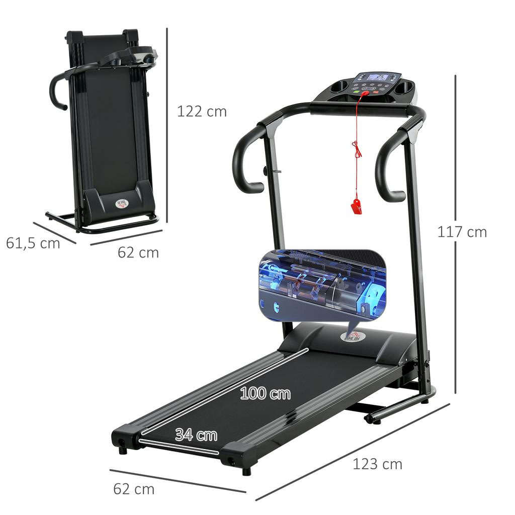 Electric Treadmill, Foldable, with LCD Display, Speed 0.8-10km/h and 3 Programs, Power 500 W, 123 x 62 x 117 cm, Black