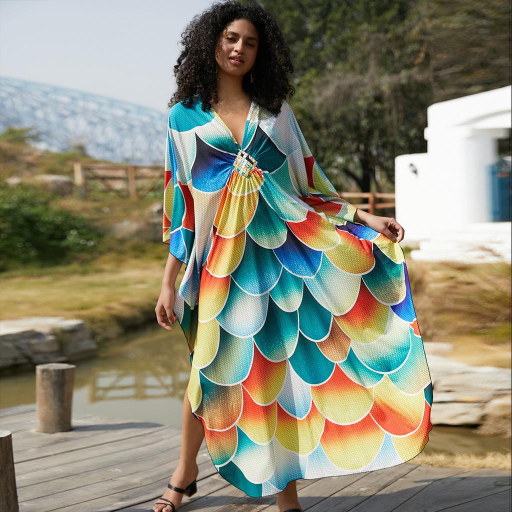 Strand Kaftan Kleider Damen Handgefertigt Gewebte Dekoration Cover Ups für Badebekleidung Schmetterling Bedruckte Maxi Robe Heißer Verkauf