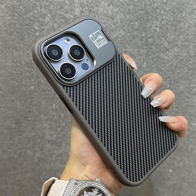 Titanium Gray Metal Lens Holder Carbon Fiber Phone Case for iPhone 15 14 13 Pro Max Full Shockproof Metal Button Hard Back Cover
