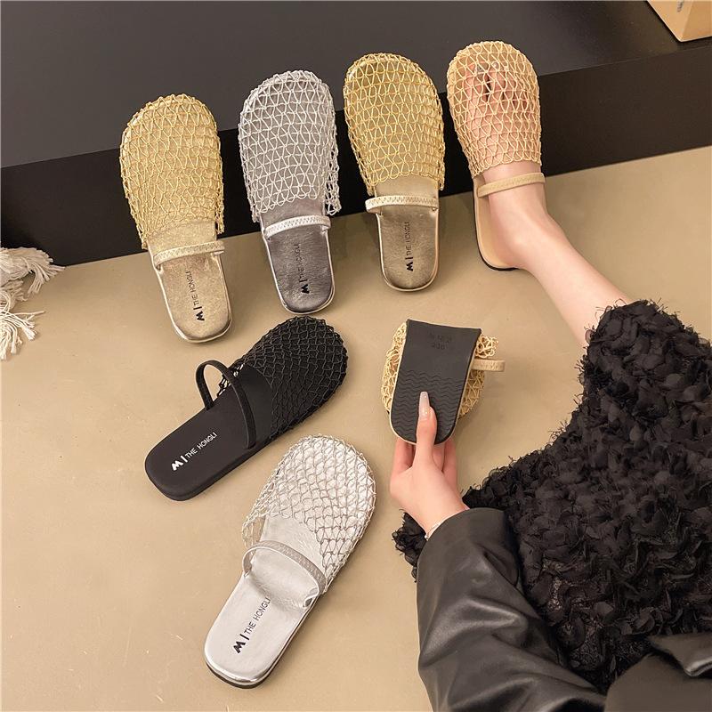 Fashion Summer Sandals with Skirt Mesh French Women's New 2025 Bag Head High-heeled Sandals Half Slippers Hole Shoes