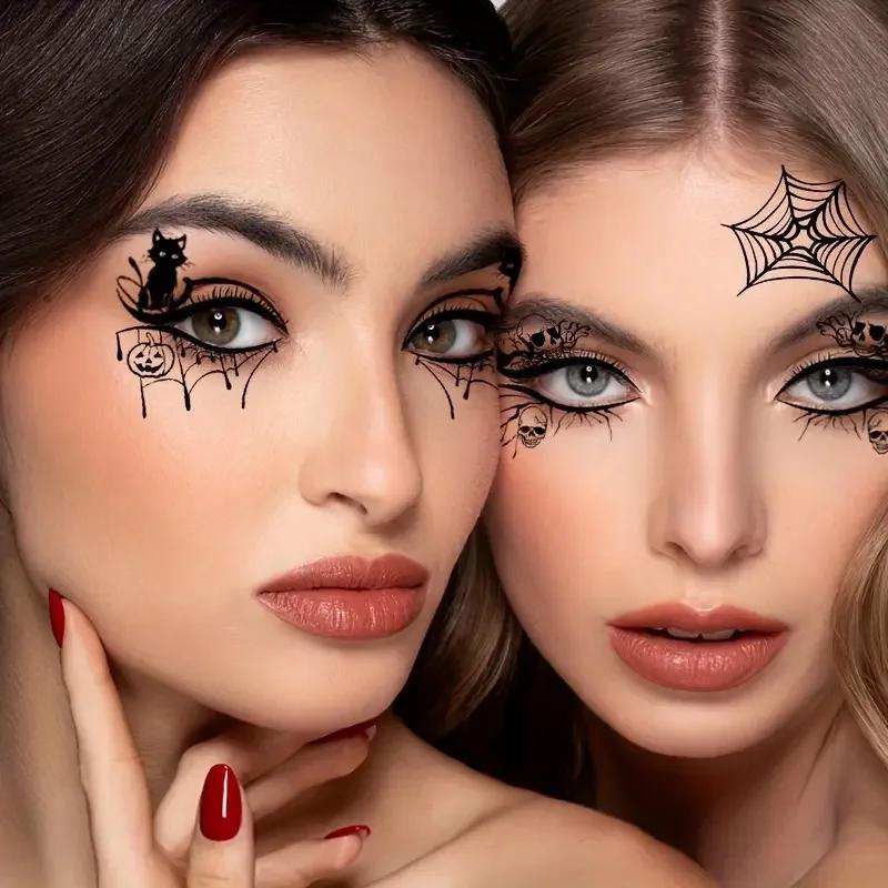 10 Pairs Halloween Eye Stickers Sweatproof Halloween Face Tattoo Stickers Spider Bat Skull Women Masquerade Cosplay Party