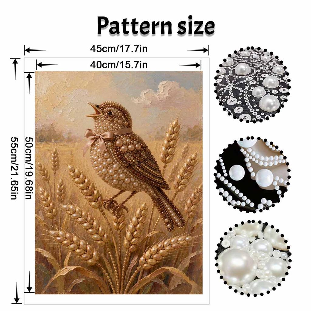 DIY 5D Pearl Bead Painting Kit with Frame Singing Bird Wheat Harvest Shiny Canvas Art for Bedroom Wall Decor and Gift