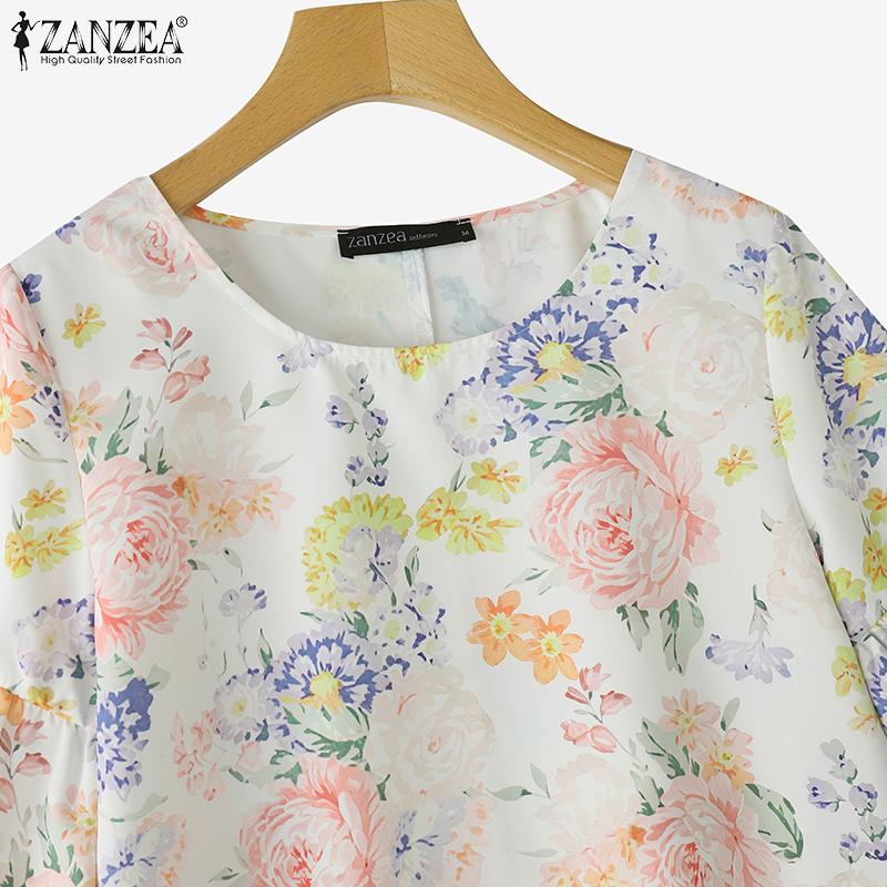 ZANZEA Women Casual Round Neck 3/4 Sleeve Loose Floral Blouse