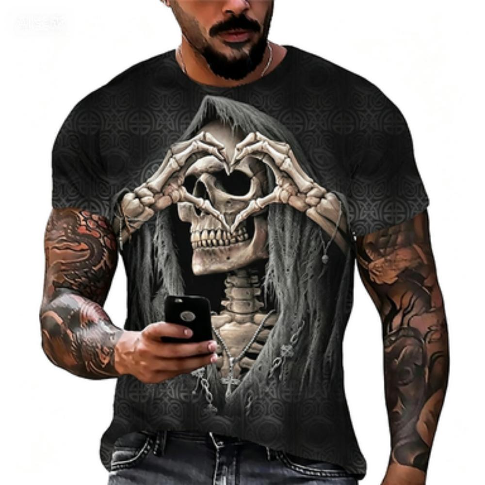 T-shirt alla moda da uomo con teschio gotico 3D Nera Girocollo Manica Corta Stile Streetwear Halloween Accattivante Moda Casual