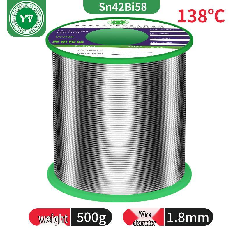 Environmentally Friendly Lead-Free Low-Temp Solder Wire, Rosin Flux Core, Tin Bismuth, Solid Core, Melts at 138°C, Sn42Bi58.
