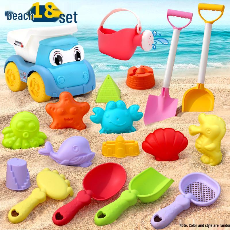 Complete Beach Toy Set: Includes Shovel, Wheelbarrow, Bucket, and Water Toys for Kids' Sand Play at the Seaside.