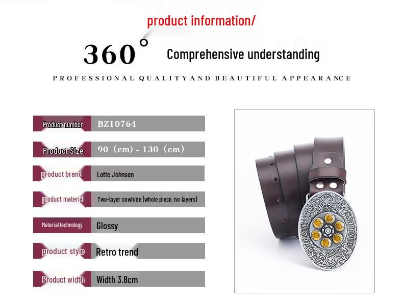 Black Cowhide Leather Belt with Bullet Pattern and Rotatable Buckle for Autumn/Winter