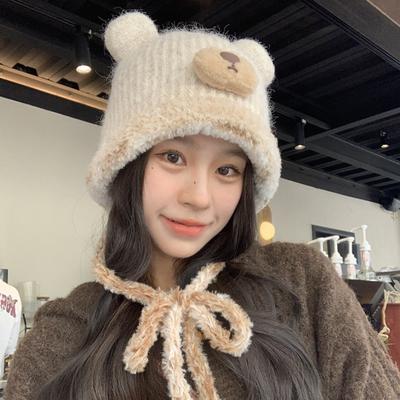 Autumn And Winter Korean Tide Cute Bear Ears Knitted Hat Female Student Versatile Warm Ear Protection Pullover Hat Wool Hat